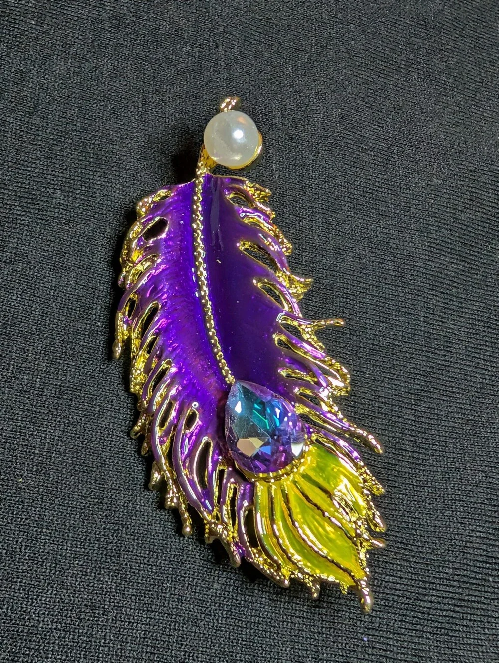 Purple and Green Feather Brooch with Pearl Accent